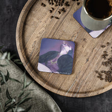 Load image into Gallery viewer, Corkwood underside, glossy finish on top. 1 or 4pc sets. 9.5x9.5cm. Sexy woman reclining, fur coat, beads, cigarette in mouth
