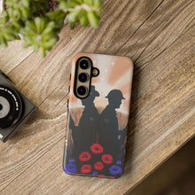 Load image into Gallery viewer, Phone case with an Australian and New Zealand soldier back to back with light-horsemen in the background and poppies in the foreground
