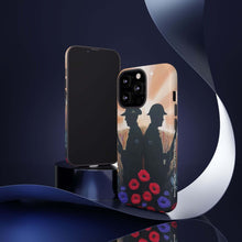 Load image into Gallery viewer, Phone case with an Australian and New Zealand soldier back to back with light-horsemen in the background and poppies in the foreground