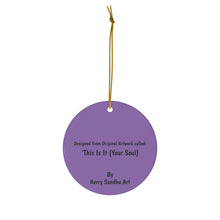 Load image into Gallery viewer, Original artwork front, description on back. Thick high-quality porcelain. 7cm diameter. Comes w/ ribbon by Kerry Sandhu Art