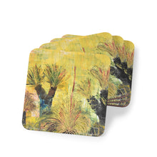 Load image into Gallery viewer, Corkwood underside, glossy finish on top. 1 or 4 pc sets. 9.5 x 9.5cm. Impressionistic painting of grass trees