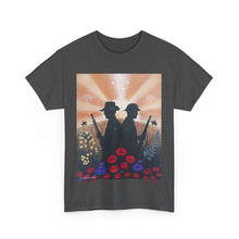 Load image into Gallery viewer, T-shirt with an Australian and New Zealand soldier back to back with light-horsemen in the background and poppies in the foreground