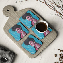 Load image into Gallery viewer, Corkwood underside, glossy finish on top. 1 or 4 pc sets. 9.5 x 9.5cm. Portrait of a beautiful female w/ turquoise flames