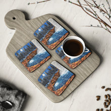 Load image into Gallery viewer, Corkwood underside, glossy finish top. 1 or 4pc sets. 9.5x9.5cm. Waterfall, rocks, pine trees, full moon, water reflections