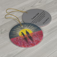 Load image into Gallery viewer, Original artwork front, description on back. Thick high-quality porcelain. 7cm diameter. Comes w/ ribbon by Kerry Sandhu Art