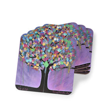 Load image into Gallery viewer, Corkwood underside, glossy finish on top. 1 or 4 pc sets. 9.5 x 9.5cm. Spiritual tree of life with colourful leaves