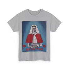 Load image into Gallery viewer, WWI Nurse in a red cape, holding a pan with red poppies and the word Devotion at the bottom