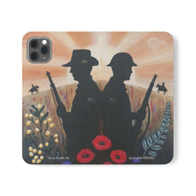 Load image into Gallery viewer, Phone case wallet with an Australian and New Zealand soldier back to back with light-horsemen in the background and poppies in the foreground