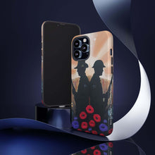 Load image into Gallery viewer, Phone case with an Australian and New Zealand soldier back to back with light-horsemen in the background and poppies in the foreground