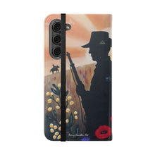 Load image into Gallery viewer, Phone case wallet with an Australian and New Zealand soldier back to back with light-horsemen in the background and poppies in the foreground