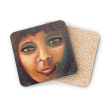 Load image into Gallery viewer, Corkwood underside, glossy finish on top. 1 or 4 pc sets. 9.5 x 9.5cm. Close up portrait of an African American woman