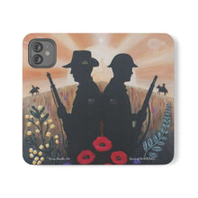Load image into Gallery viewer, Phone case wallet with an Australian and New Zealand soldier back to back with light-horsemen in the background and poppies in the foreground