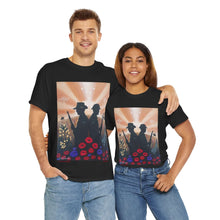 Load image into Gallery viewer, T-shirt with an Australian and New Zealand soldier back to back with light-horsemen in the background and poppies in the foreground