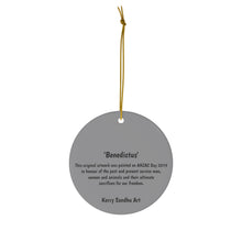 Load image into Gallery viewer, Original artwork front, description on back. Thick high-quality porcelain. 7cm diameter. Comes w/ ribbon by Kerry Sandhu Art