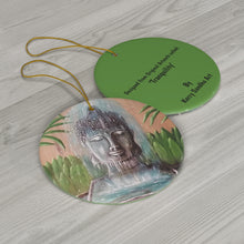 Load image into Gallery viewer, Original artwork front, description on back. Thick high-quality porcelain. 7cm diameter. Comes w/ ribbon by Kerry Sandhu Art