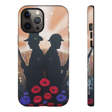 Load image into Gallery viewer, Phone case with an Australian and New Zealand soldier back to back with light-horsemen in the background and poppies in the foreground