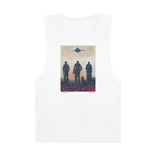 Load image into Gallery viewer, Regular fit sleeveless tank tee is 100% light cotton w/ low & raw (unsewn) armholes by Kerry Sandhu Art. 7 ANZAC designs