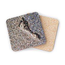 Load image into Gallery viewer, Corkwood underside, glossy finish on top. 1 or 4 pc sets. 9.5 x 9.5cm. Impressionistic footprint in sand