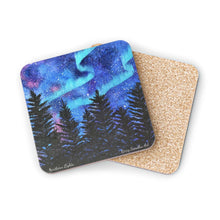 Load image into Gallery viewer, Corkwood underside, glossy finish on top. 1 or 4 pc sets. 9.5 x 9.5cm. Aurora Borealis, Aurora Australis, northern lights
