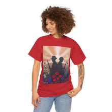Load image into Gallery viewer, T-shirt with an Australian and New Zealand soldier back to back with light-horsemen in the background and poppies in the foreground