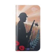Load image into Gallery viewer, Phone case wallet with an Australian and New Zealand soldier back to back with light-horsemen in the background and poppies in the foreground