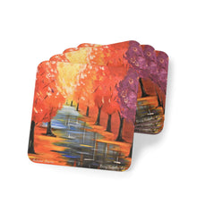 Load image into Gallery viewer, Corkwood underside, glossy finish on top. Available in 1 or 4 pc sets. 9.5 x 9.5cm. Autumn / Fall trees, leaves, reflections