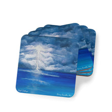 Load image into Gallery viewer, Corkwood underside, glossy finish on top. 1 or 4 pc sets. 9.5 x 9.5cm. Stormy sky with lightning crashing over a calm sea