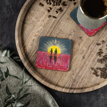 Load image into Gallery viewer, Corkwood underside, glossy finish on top. 1 or 4 pc sets. 9.5 x 9.5cm. First Nations man & soldier, abstract aboriginal flag