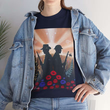 Load image into Gallery viewer, T-shirt with an Australian and New Zealand soldier back to back with light-horsemen in the background and poppies in the foreground