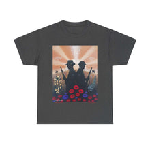 Load image into Gallery viewer, T-shirt with an Australian and New Zealand soldier back to back with light-horsemen in the background and poppies in the foreground