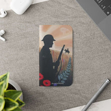 Load image into Gallery viewer, Phone case wallet with an Australian and New Zealand soldier back to back with light-horsemen in the background and poppies in the foreground