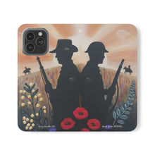 Load image into Gallery viewer, Phone case wallet with an Australian and New Zealand soldier back to back with light-horsemen in the background and poppies in the foreground