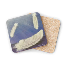 Load image into Gallery viewer, Corkwood underside, glossy finish on top. 1 or 4 pc sets. 9.5x9.5cm. 3 white angel feathers symbols of hope, faith in sunrays