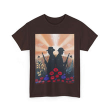 Load image into Gallery viewer, T-shirt with an Australian and New Zealand soldier back to back with light-horsemen in the background and poppies in the foreground