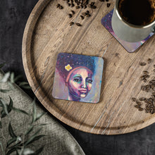 Load image into Gallery viewer, Corkwood underside, glossy finish on top. 1 or 4 pc sets. 9.5 x 9.5cm. Bold coloured portrait of a sassy woman with an afro
