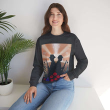 Load image into Gallery viewer, Sweatshirt with an Australian and New Zealand soldier back to back with light-horsemen in the background and poppies in the foreground