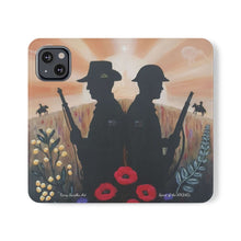 Load image into Gallery viewer, Phone case wallet with an Australian and New Zealand soldier back to back with light-horsemen in the background and poppies in the foreground