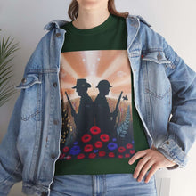 Load image into Gallery viewer, T-shirt with an Australian and New Zealand soldier back to back with light-horsemen in the background and poppies in the foreground