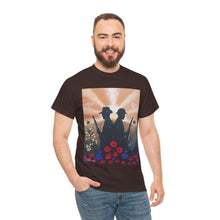 Load image into Gallery viewer, T-shirt with an Australian and New Zealand soldier back to back with light-horsemen in the background and poppies in the foreground
