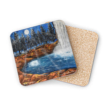 Load image into Gallery viewer, Corkwood underside, glossy finish top. 1 or 4pc sets. 9.5x9.5cm. Waterfall, rocks, pine trees, full moon, water reflections