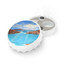 Load image into Gallery viewer, Plastic exterior w/ metallic bottom, magnetic back, 2 different opening mechanisms, matte finish. Art by Kerry Sandhu Art