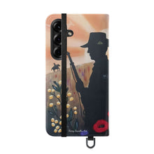 Load image into Gallery viewer, Phone case wallet with an Australian and New Zealand soldier back to back with light-horsemen in the background and poppies in the foreground