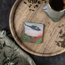 Load image into Gallery viewer, Corkwood underside, glossy finish on top. 1 or 4 pc sets. 9.5x9.5cm. ANZAC Inspired Vietnam War Battle of Long Tan w/ chopper