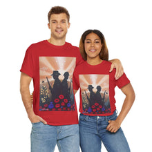 Load image into Gallery viewer, T-shirt with an Australian and New Zealand soldier back to back with light-horsemen in the background and poppies in the foreground