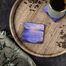 Load image into Gallery viewer, Corkwood underside, glossy finish on top. 1 or 4 pc sets. 9.5 x 9.5cm. Coastal sunset of beautiful purple hues and sunrays