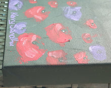 Load image into Gallery viewer, Original Artwork painted ANZAC Day 2023. 3 soldiers & a dog walking through red & purple poppies with an F-18 jet flying over