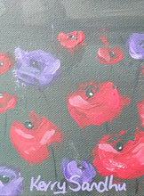 Load image into Gallery viewer, Original Artwork painted ANZAC Day 2023. 3 soldiers &amp; a dog walking through red &amp; purple poppies with an F-18 jet flying over
