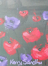 Load image into Gallery viewer, Original Artwork painted ANZAC Day 2023. 3 soldiers & a dog walking through red & purple poppies with an F-18 jet flying over