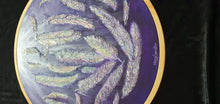 Load image into Gallery viewer, 'The Light'. Beautiful textured white feathers cascading down through light rays, on a round canvas by Kerry Sandhu Art