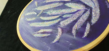 Load image into Gallery viewer, 'The Light'. Beautiful textured white feathers cascading down through light rays, on a round canvas by Kerry Sandhu Art